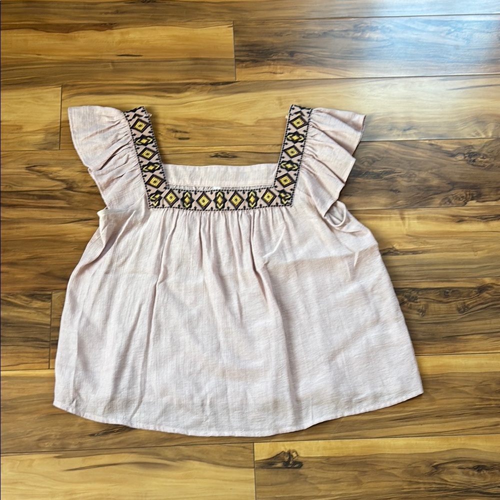 Pink Ruffle Sleeve Top with Embroidered Neckline